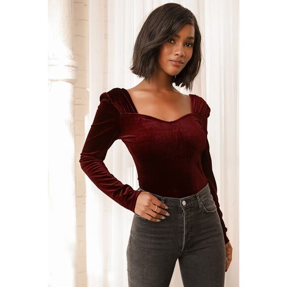 Lulu's Tops - Lulu's Joyful Time Burgundy Velvet Long Sleeve Bodysuit XS NWT